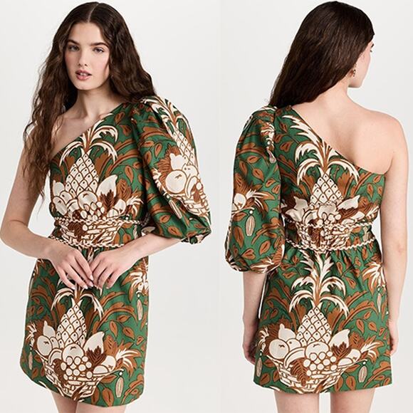 NWT Cara Cara Danielle One Shoulder Lined Mini Dress Green Fruit Basket Size: 2 - Picture 1 of 8